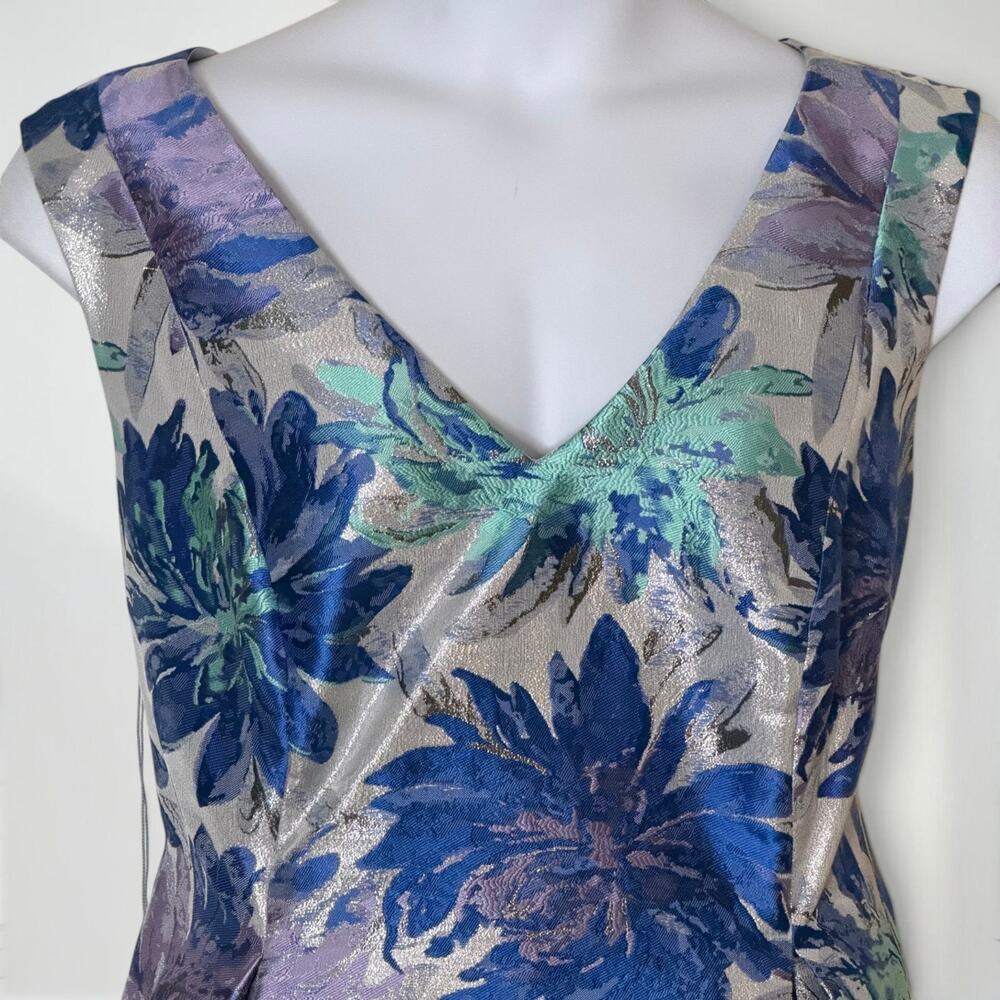 Adrianna Papell 16W Blue Silver Metallic Jacquard Midi Dress Pockets Wedding - Picture 5 of 13